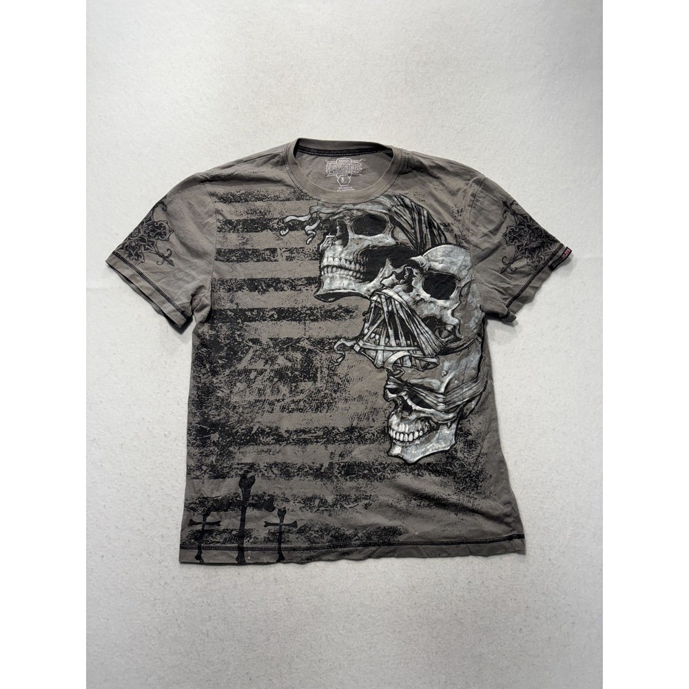 MMA Elite Shirt Mens Large Gray Skull Flag Graphic Tee MMA Gothic Tattoo Style